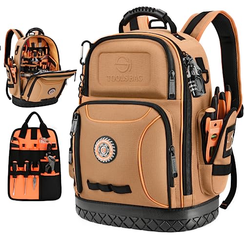 LOKASS 18.1-Inch Heavy-Duty Tool Backpack, 75 Pockets, Brown | 110 lbs Load Tested, 1680D Tear-Resistant Fabric, Removable Tool Panel, Combination Lock, Electricians, HVAC Pros - color: Brown