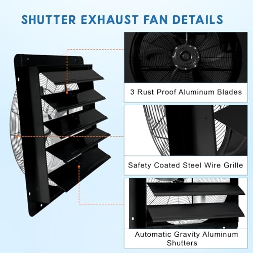 20" Wall Mounted Shutter Exhaust Fan, 3500 CFM 1500 RPM High Speed Aluminum Vent Fan, Automatic Exhaust Fans, Low Noise for Garage/Attic/Greenhouse/Shed - color: Black, size: 20 Inch