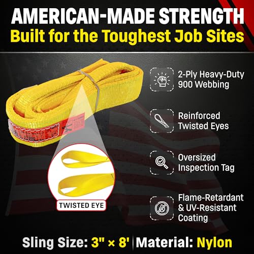 DD Sling 3 Inch x 8 Foot Nylon Lifting Sling – USA Made, 8,900 lb Vertical, 7,200 lb Choker, 17,800 lb Basket – 2-Ply Heavy Duty 900 Webbing, Type 4 Twisted Eye & Eye Rigging Sling - size: 3 in x 8 ft