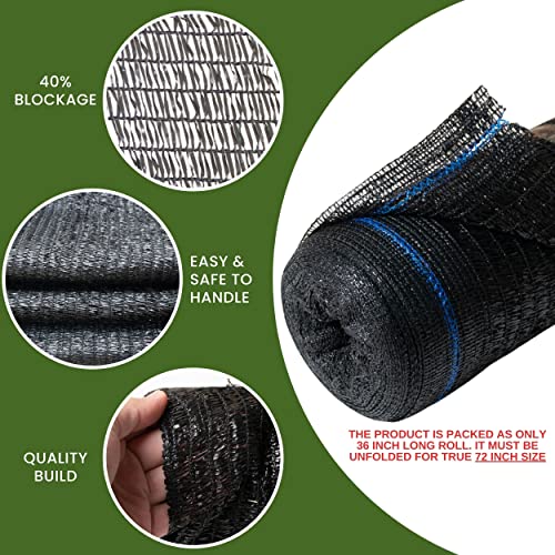 6 x 100 FT 40% Shade Cloth Roll Black | Black HDPE UV Resistant Breathable Eyelets Sun Protection for Greenhouse Garden Fence Pergola Patio Flower Plant Kennel - size: 6'x100ft - 40% - Black