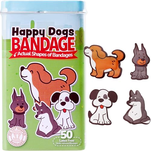 BioSwiss Bandages, Happy Dog Shaped Self Adhesive Bandage Set, Latex Free, Sterile Wound Care, 50 Count - size: 50-Count Tin, style: Dogs