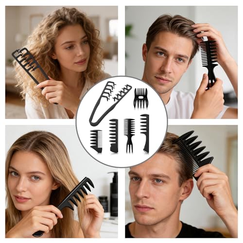6PC Texture Comb Wide Tooth Styling Combs for Women Men | Texturizing, Volume Fringe Parting, Quiff, Pompadour, Slick Back, Hair Comb Set, ABS Plastic Barber Tool - color: Black