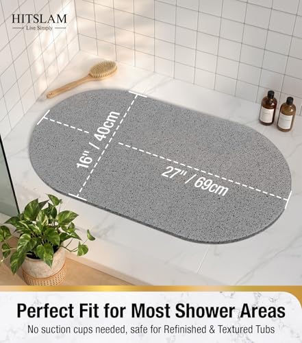 HITSLAM Oval Loofah Shower Mat Non Slip, 27x16 Inch, Grey | Bath Mat for Textured Tub & Inside Shower Stall, No Suction Cups Quick Drying PVC Porous Floor Mat, Soft Foot Exfoliating - color: Grey