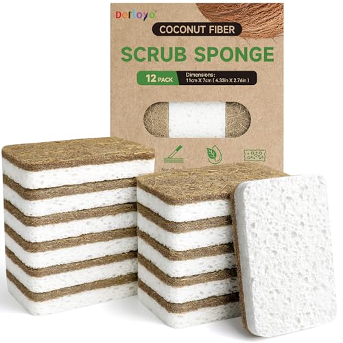 12 Count Plant-Based Kitchen Sponges, Natural Sponge for Non Stick Cookware | Compostable Cellulose, Biodegradable Sponges for Dishes, Non-Scratch Cleaning, Kitchen, Bathroom, Household