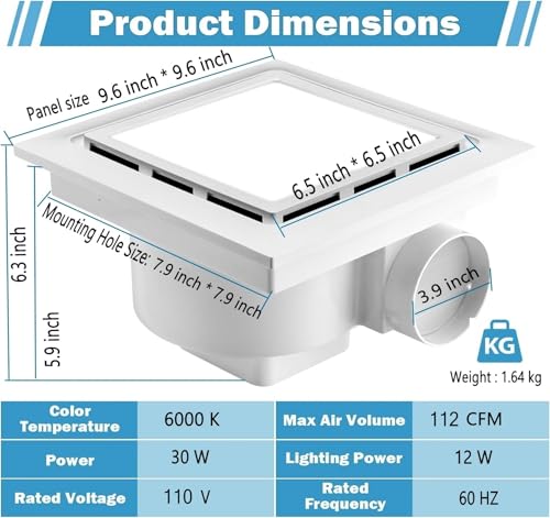 Nalle Ventilation Fans Bathroom Exhaust Fan with Light 9.6 inch Panel 6000K 12W Square LED 112 CFM 1.0 Sones 4 Inch Duct 110V Quiet Ceiling Mount Exhaust Fan for Shower,Bathroom,Office,Home (FFL-200)