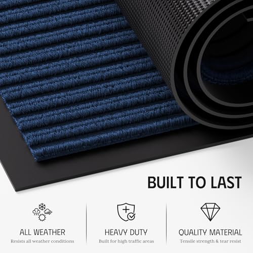 Dirt Trapper Door Mat 3' x 5', Non-Slip Heavy Duty Outdoor Mat, Absorbent Fade Resist, Low Profile Commercial Floor Mat, Durable Indoor Outdoor Front Door Mat for Mud Wet Shoes & Paws, Blue - color: Blue Striped, size: 3' x 5'