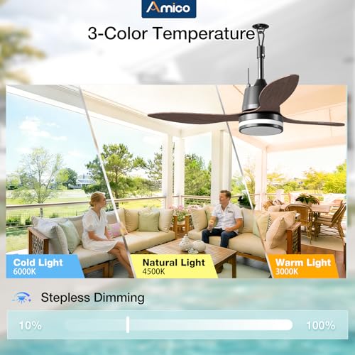 Amico 42" Outdoor Ceiling Fans with Lights, IP65 Waterproof Gazebo Fan | Waterproof, Remote Control, 3000-6000K, 6 Speeds, Hook Hanging Plug in, for Patio Porch Pergola Garage - size: 42 inch Wood