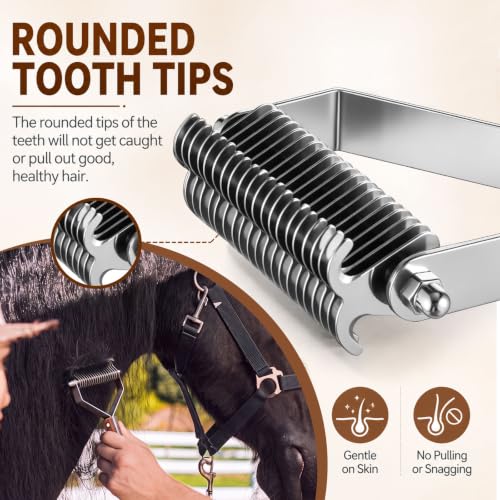 Abbylike 2-sided Livestock Shedding Comb Grooming Dematting Brush Shedding Undercoat Rake for Cattle Horse Goat Cow Pets with 20 Steel Blades and Wood Handle - style: 2-sided