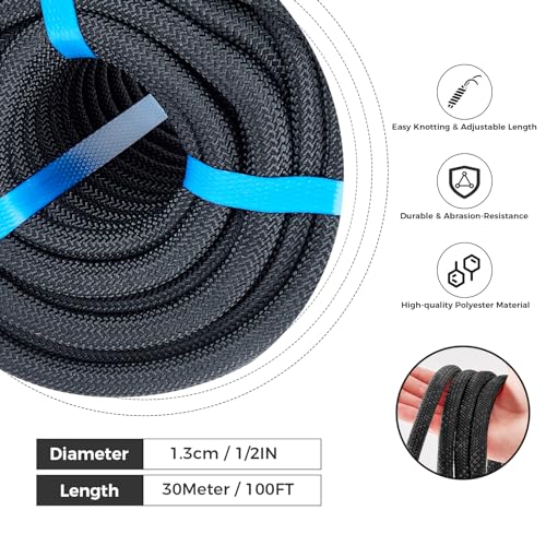 1/2 Inch Double Braided Polyester Arborist Rope, 1/2in 100ft Heavy Duty Nylon Rope for Anchor, Tree Work, Cargo, Pulling, Sailing - size: 1/2in x 100ft, style: Black