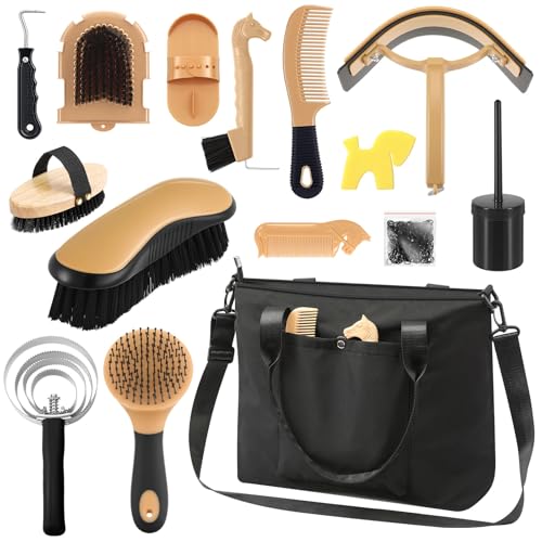 Abbylike 15 Pieces Horse Grooming Kit with Organizer Tote Bag Tack Room Supplies Horse Brush Sets Care Equine Cleaning Kit Shedding Grooming Massaging Tools(Black) - color: Black