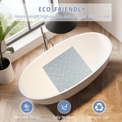 Shower Mat Non Slip 21"x21" Silicone Foldable Bath Mat with Suction Cups & Drain Holes, Odorless, Eco-Friendly & Durable, Machine Washable Shower Stall Mat for Adults, Seniors Grey - color: Grey