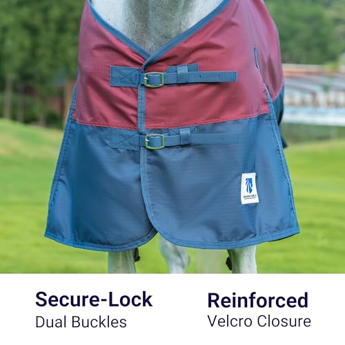 Horse Turnout Rain Sheet | 600 Denier Ripstop Turnout Blanket No Fill (0g) | Waterproof Lightweight Breathable | Tear-Resistant Outer & Rub-Free Silky Inner | Burgundy/Navy - 76 in - color: Burgundy/Navy, size: 76