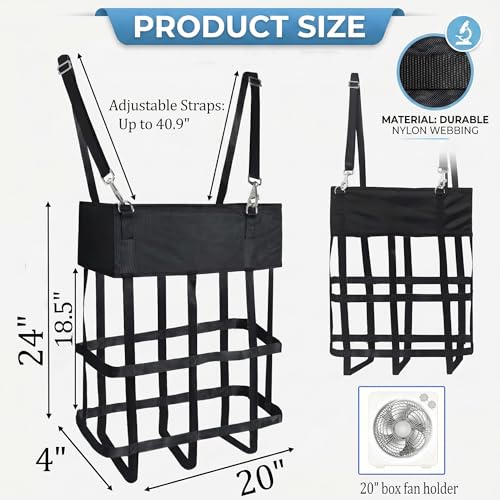 Box Fan Bag for Horse Stall – Heavy Duty Nylon Hanging Fan Holder for 20" x 20" Box Fans, Mesh Ventilated Cover with Snap Strap Hangers for Barn, Stable, Trailer, Farm, Livestock (2 Pack) (Black)
