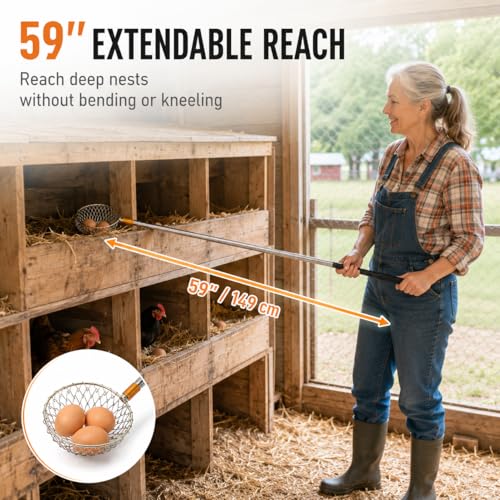Egg Picker Tool with 15-58.5" Retractable Pole and Metal Wire Mesh Basket | Telescopic Retriever Grabber for Backyard Chicken Keeping, Nesting Box and Farm Use