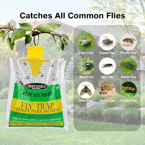 Fly Trap Bags 8 Pack Outdoor Hanging - Disposable Fly Catcher Mess-Free Bug Bags for Yard Garden Farm & Horse Ranch