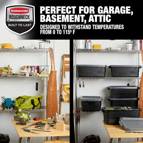 Rubbermaid 6-Pack Totes for Storage with Lids, Heavy Duty Plastic Storage Bins with Lids, Black Gray, 10 GAL - Stackable for Garage, Attic, Camping (10 GAL - 6 Pack Solid Black and Grey) - size: 10 Gal - 6 Pack