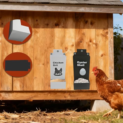 Automatic Chicken Oyster Shell and Grit Feeder, Spill-Proof Hanging Gravity Poultry Feeding Equipment, Metal Chicken Feeder 2Pack (Black & Red) (Black and White)
