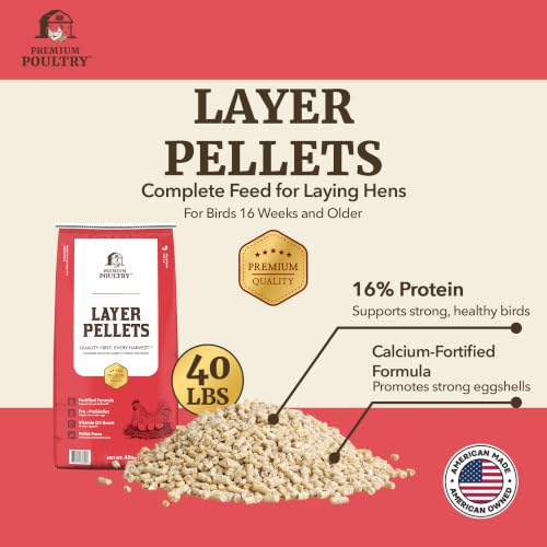Layer Pellet Chicken Feed, 16% Protein Poultry Feed for Laying Hens, Supports Egg Production, Strong Eggshells & Calcium Absorption with Vitamin D3, Made in USA, 2000 lbs - size: 2000lb (Pallet), style: Layer Pellets