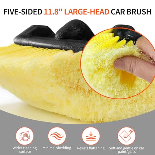 Car Wash Brush with Long Handle, 20FT Reach Telescopic Flow-Thru Car Washing Brushes, 11.8" Soft Bristle Cleaning Brush with On/Off Switch for Auto Cars, Trucks, RV, Truck, Boat, Wall, Solar Panels
