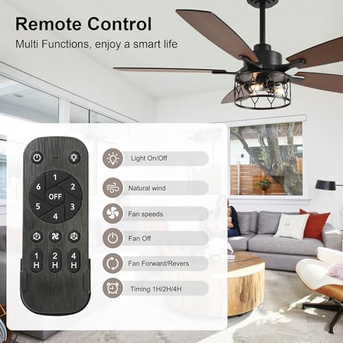 52" Farmhouse Ceiling Fan with Lights Remote Rustic Ceiling Fan | Caged Black Fandelier Industrial Chandelier Light for Bedroom Living Room, Reversible 6 Speeds, 3 E12 Bulbs (Not Included) - color: Black, size: 52 Inch