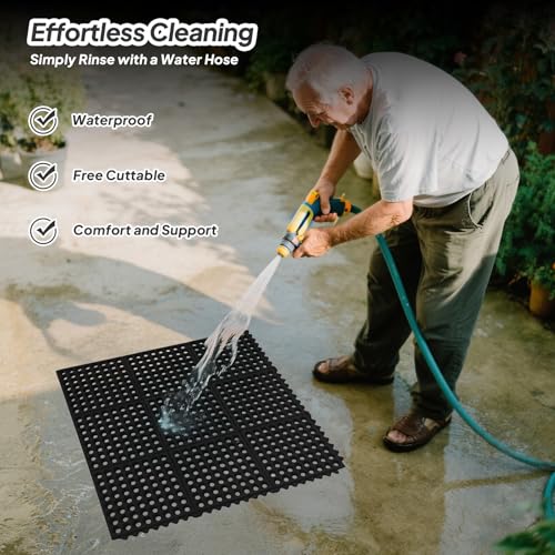 ROVSUN Rubber Floor Mat with Holes, Anti-Fatigue/Non-Slip Drainage Mat, for Industrial Kitchen Restaurant Bar Bathroom Utility Garage Pool Entry Door Mat, Indoor (36'' x 36'' Black 1Pcs)
