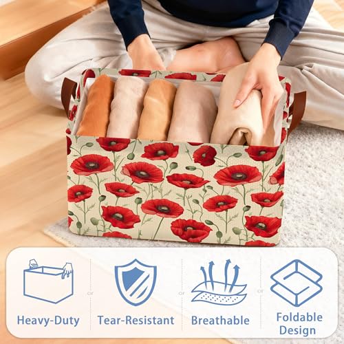 Vintage Poppy Flower Storage Baskets,Foldable Large Capacity Organizer Bins with Waterproof Lining and Leather Handles for Closet,Shelf,Bedroom 17x11.5x10Inch - color: Vintage Poppy Flower
