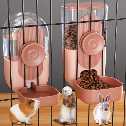 Rabbit Water Dispenser,Bunny Food Bowl,Ferret Feeders Water Bottle for Cage | Hanging Auto Ferret Food Water Dispenser, Auto Gravity Pet Feeder and Waterer Set, Cage Cat Food Bowl Dog Feeding Station - color: Pink