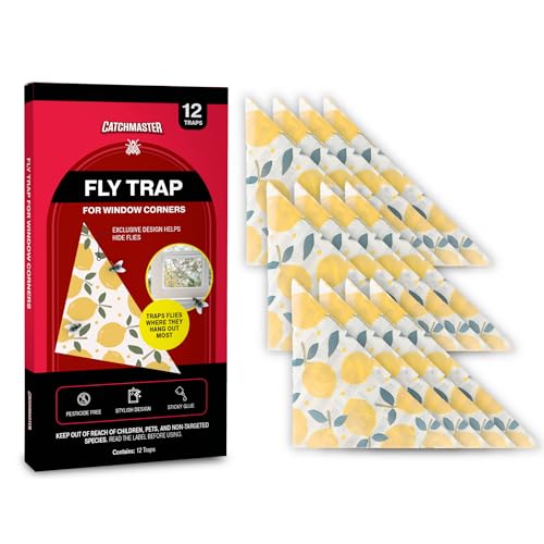 Catchmaster Fly Traps for Window Corners Lemon Yellow 12PK, Gnat and Fruit Fly Strips for Indoor, Disposable Sticky Traps Designed to Disguise Trapped Flies, Adhesive Pest Control for Home & Kitchen - size: 12 Lemon Print Traps