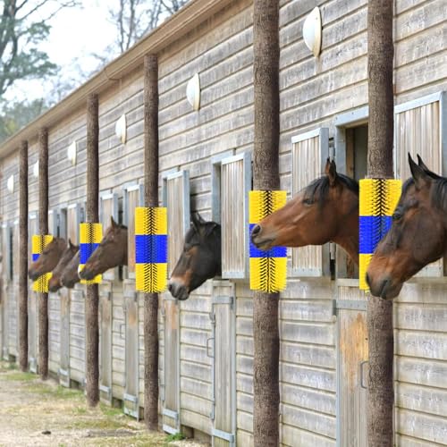 4pc Livestock Scratch Brushes, 20'' x 7.3'' Heavy Duty Cow Scratcher Wall Mount, Flexible Anti-Itch Grooming Tool for Cattle, Goat, Horse Grooming Supplies with Screws and Nuts - color: blue yellow