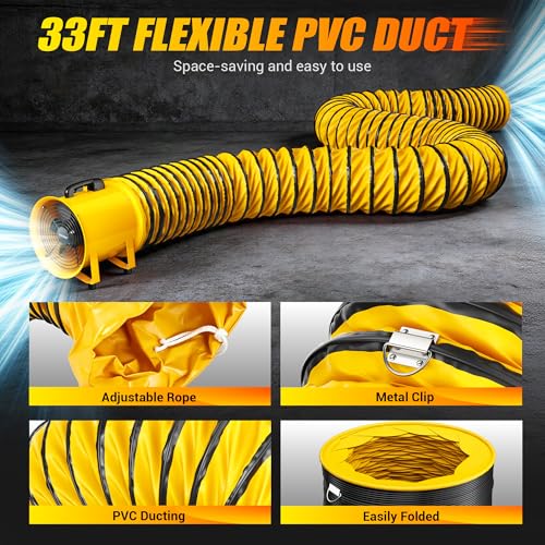 LDHTHOPI 12 Inch Blower Exhaust Fan, 3500CFM & 550W Portable Air Mover with 33ft Flexible Duct, Low-Noise Dust Extractor for Extraction and Ventilation, Yellow - color: Yellow-33