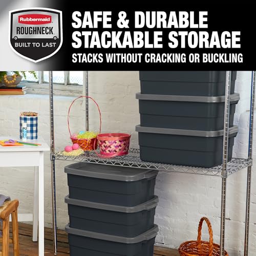 Rubbermaid 6-Pack Totes for Storage with Lids, Heavy Duty Plastic Storage Bins with Lids, Black Gray, 10 GAL - Stackable for Garage, Attic, Camping (10 GAL - 6 Pack Solid Black and Grey) - size: 10 Gal - 6 Pack