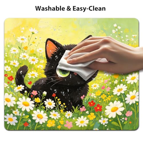 Lovely Black Kitten in Daisy Meadow Mouse Pad 9.5" x 7.9", Whimsical Spring Floral Cute Desk Mat - color: Black Kitten