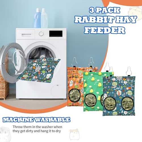 3 Pcs Rabbit Hay Feeder Bag, 2-Hole Hanging Hay Feeder Guinea Pig Hay Bags Washable Bunny Hay Bag for Rabbits Chinchillas Hamsters Small Pets and Animal (11.8"×8.7") - color: Blue,Orange,Green