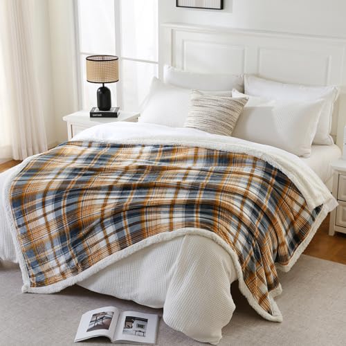 PU MEI Sherpa Blanket Twin Plaid Thick Bed Blanket, 60”*80” Super Soft Flannel Fuzzy Fleece Reversible Velvet Plush Warm Blanket for Couch (Blue Yellow Check) - color: Blue Yellow Check, size: 60"*80"