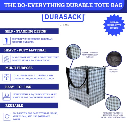 DURASACK Heavy Duty Storage Tote Bag 22-Gallon, Gingham Gray, Pack of 4 | Moving Bag Utility Tote for Laundry, Moving & Home Storage, Reusable Self-Standing Design, Holds up to 500 Pounds - color: Gingham Gray, size: Pack of 4