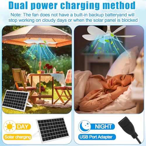 Tujoe 2 Set Solar Ceiling Fan Kit 16.5'', 15w Monocrystalline Solar Panel USB Ceiling Fan with Remote Control, Timer, Quiet Operation for Outside, Patio, Tent, Chicken Coop, Greenhouse, Shed, Camping