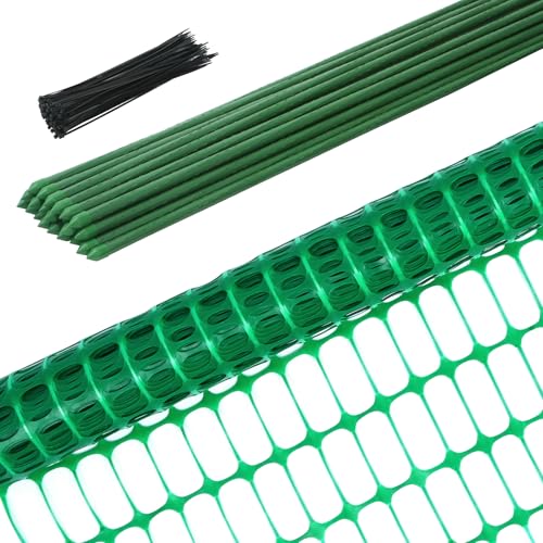 Ohuhu 3.4'x100' Plastic Garden Fence Safety Fence with 16MM Thicker Stakes | Reusable HDPE Garden Fence Roll with 25Pcs 4FT Stakes, Temporary Fence for Animal Barrier Construction Snow Fence Poultry Dog - color: Green