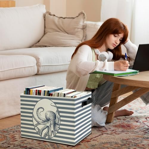Coastal Beach Octopus Storage Bins Box with Handles, Blue Striped Beachy Ocean Octopus Marine Biology Collapsible Basket Organizer for Bedroom Bathroom Books Clothes - color: Color08