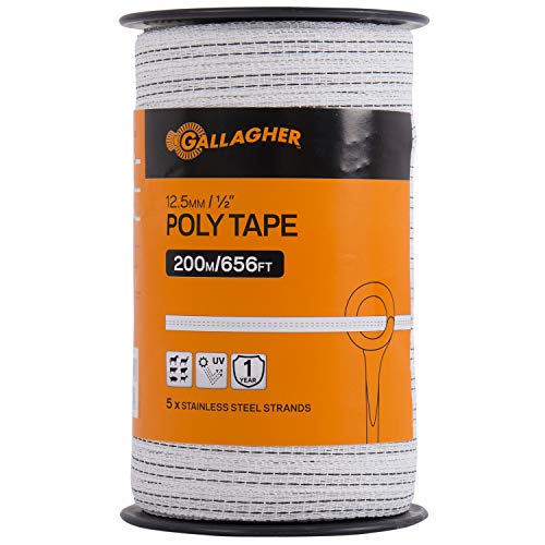 Gallagher Electric Fence Poly Tape | Ultra White 656 Ft Roll | 5 Stainless Steel Rust Resistant Strands | Suitable for Portable & Semi Permanent Electric Fences | UV Resistant 1/2" Diameter Poly Tape