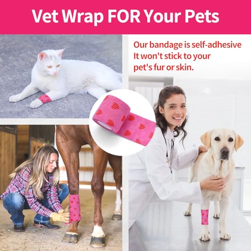 12 Roll 2 Inch x 5 Yards Heart Print Pet Vet Wrap for Dogs Cats, Cohesive Bandages in Bulk, Pink Non-Woven Self Adhesive Bandage Wrap Rolls for Pet Animals Wound Care, Ankle Sprain and Swelling