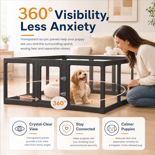 Acrylic Dog Playpen with Toilet, Clear Puppy Play Pen Indoor Puppy Play Pen Tool-Free Assembly Detachable Pet Fence Kennel for Small Dog, Cat, Rabbit (24 Inch, 12 Panels, Black) - color: Black