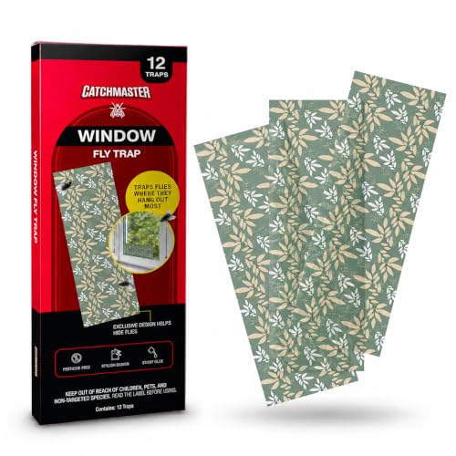 Catchmaster Window Fly Traps 12-Pack, Designed to Disguise House & Fruit Fly, Gnats, Adhesive Strips for Indoor, Disposable Bug Catcher, Insect Sticky Glue Traps, Pest Control for Home & Kitchen - size: 12 Leaf Print Traps