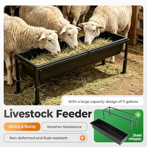 Livestock Feeder Water Trough 42" Long 11 Gallon with Adjustable | Stand for Feeding Farm Livestock Sheep Horses Chickens Pigs and Cattle Steel+Plastic Powder Coated