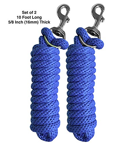Majestic Ally Pack of 2 Solid Poly Lead Rope for Horses & Livestock – 10 Foot Long and 5/8 inch Thick - Replaceable Heavy-Duty Bolt Snap – Handmade – Soft, Broken in Feel (Royal Blue) - color: Royal Blue