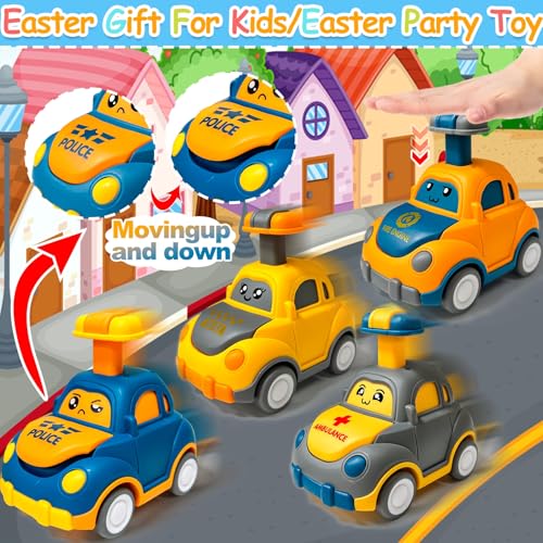 Jumbo 4 Pack 5.8 Inch Easter Eggs Filled with Press and Go Car Easter Toys Surprise Eggs for Kids Boys Toddlers Easter Basket Essential Stuffers Filled Easter Eggs with Toys for Party Favors Gifts - style: Press and Go Car