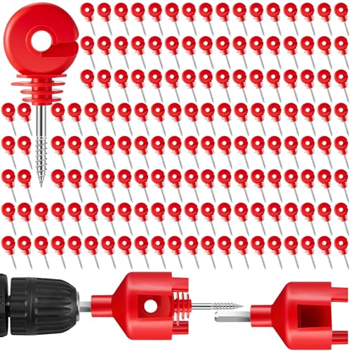 200 Pcs Electric Fence Insulator with 1 Pcs Insulator Socket Tool Screw in Ring Post Wood Post Electric Fence Ring with Socket Tool for Animal(Red) - color: Red