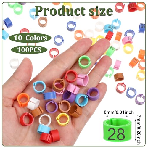 100Pcs Chicken Leg Bands, 8mm Birds Leg Rings | 10 Color Readable Numbered Chicken Leg Rings Clip-On Poultry Foot Ring for Baby Chick Bantam Finch Dove Small Birds