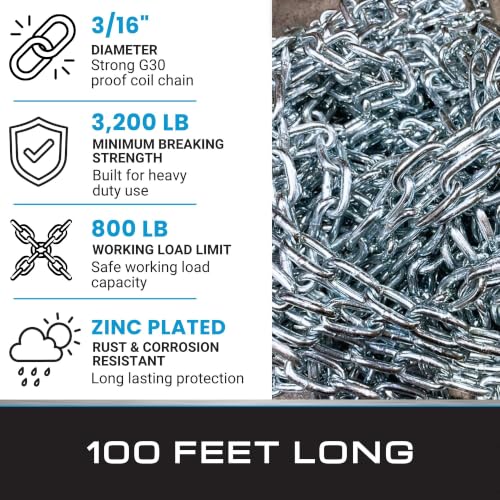 Tie Down Engineering Utility Chain, 100 FT Grade 30 Zinc-Plated Steel Chain, 800 lb Working Load Limit, Bulk Chain for Farm, Ranch, Fencing, Property Maintenance & Outdoor Projects | Zinc Plated Steel Strong Working Load & Long Lasting - size: 3/16 Inch x