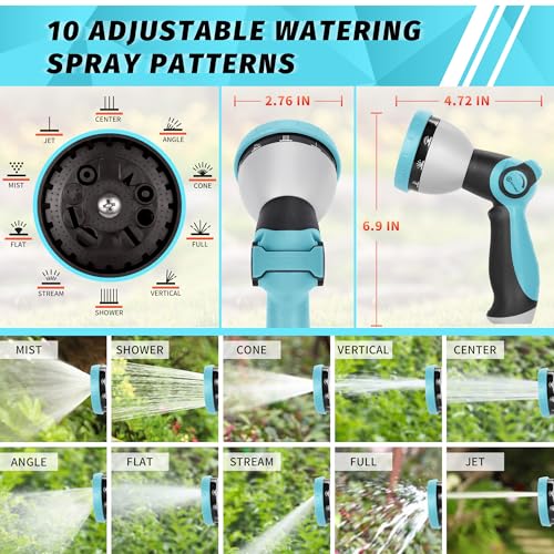 AUTOMAN Garden Hose Nozzle Sprayer - 10 Spray Patterns, High Pressure, Thumb Control On Off Valve, Metal Duty Water Nozzle, Extra 3 Washers, for Watering Garden, Cleaning, Washing Car, Showering Pets - color: Turquoise