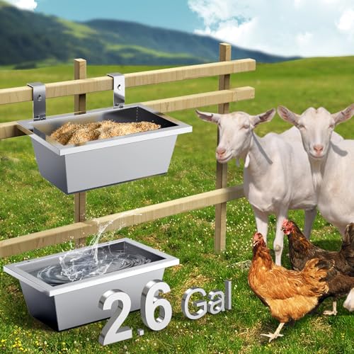 Livestock Water Trough Feeding Trough Set Goat Feeder Hanging 2.6Gal Stainless Steel Horse Trough,Chicken Feeder for Dog Livestock Deer Poultry Duck Sheep Feeding Container Piglet Feeders